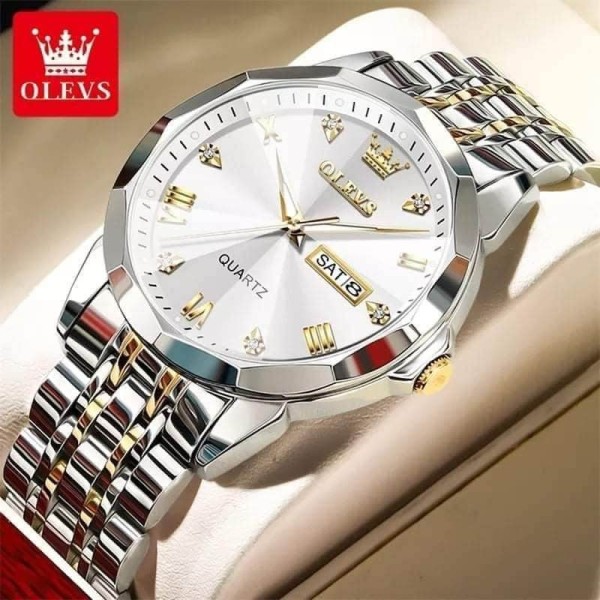 Olevs 9931 Luxury Diamond Dial Stainless Steel Men's Watch - White & Gold