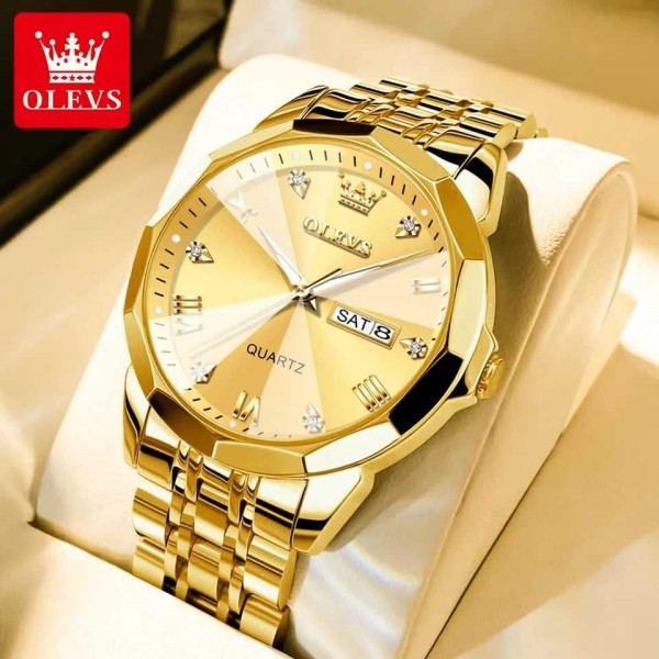 Olevs 9931 Luxury Diamond Dial Stainless Steel Men's Watch - Gold
