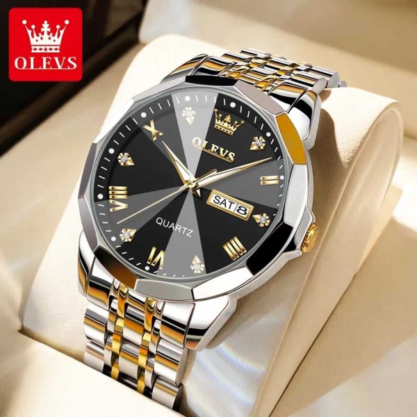 Olevs 9931 Luxury Diamond Dial Stainless Steel Men's Watch - Black & Gold & Silver