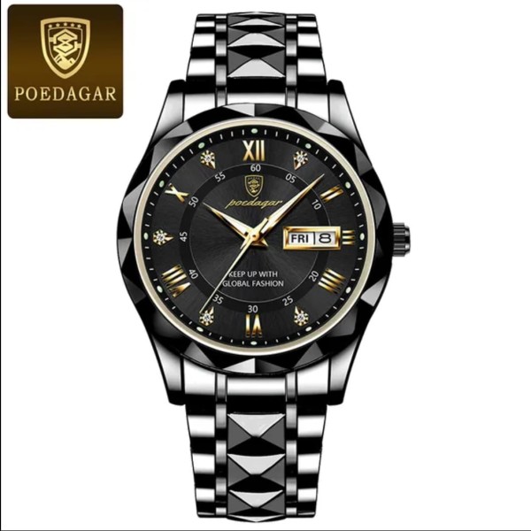 POEDAGAR 615 Luxury Fashion Luminous Date & Day Quartz Men's Watch - Black