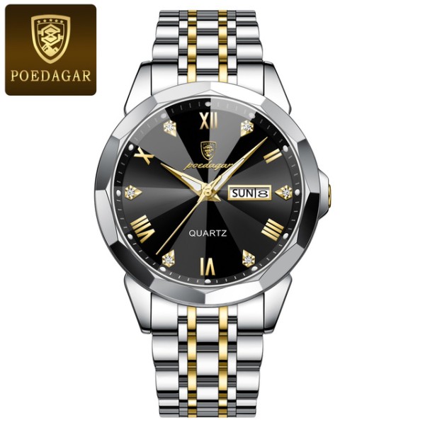 Poedagar 810 Diamond Cart Stainless Steel Luminous Quartz Men Watch - Black
