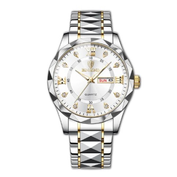 BINBOND 334 Luxury Fashion Stainless Steel Unique Design Diamond Cutting Glass Wrist-Watche For Men- White & Gold