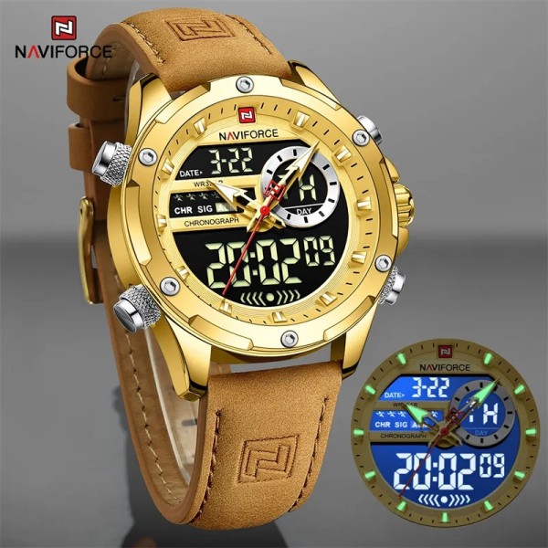 NAVIFORCE NF9208 PU Leather Dual Time Wrist Watch - Gold