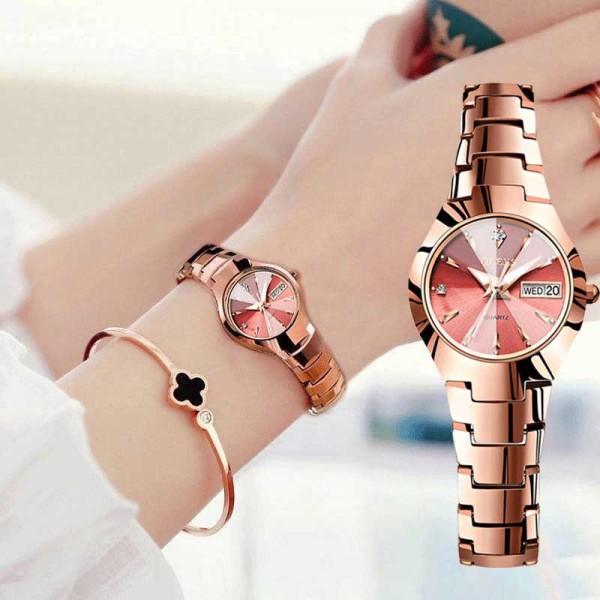 OLEVS 8697 Ceramic Tungsten Steel Strap Elegant Fashion Diamond Cart Wrist Watch For Women- Rose Gold