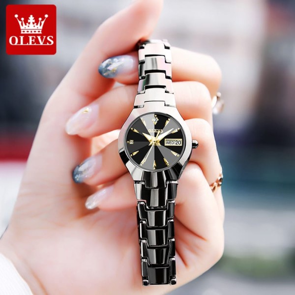 OLEVS 8697 Ceramic Tungsten Steel Strap Elegant Fashion Diamond Cart Wrist Watch For Women- Black