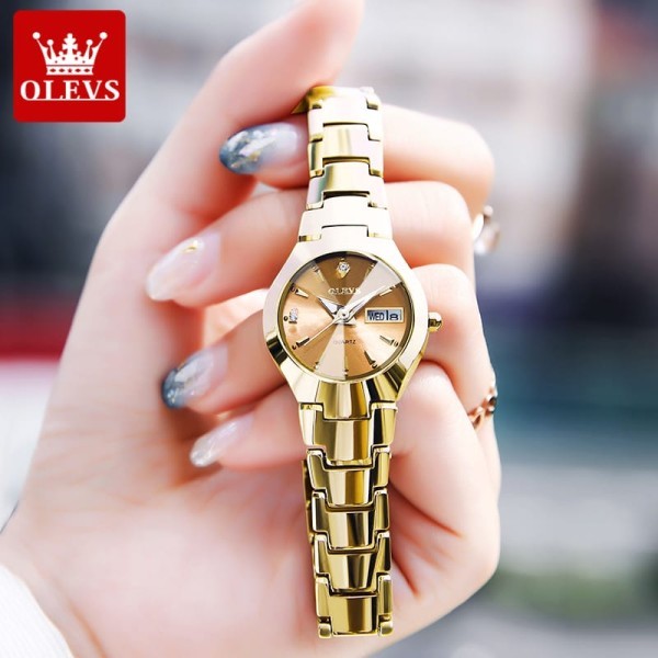 OLEVS 8697 Ceramic Tungsten Steel Strap Elegant Fashion Diamond Cart Wrist Watch For Women- Gold