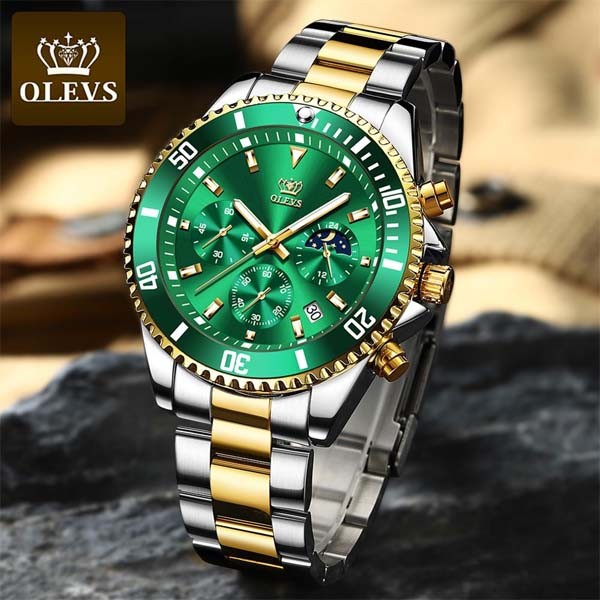 Olevs 2870 Stainless Steel Chronograph Wrist Watch For Men - Golden & Green