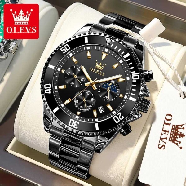 Olevs 2870 Stainless Steel Chronograph Wrist Watch For Men - Black