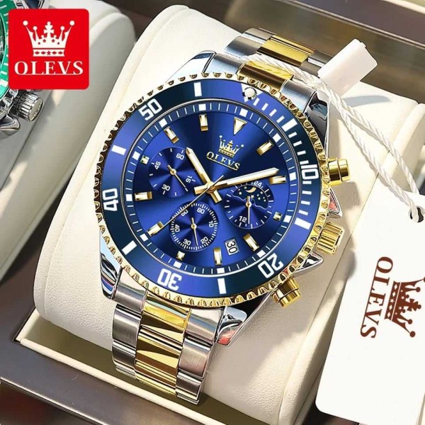 Olevs 2870 Stainless Steel Chronograph Wrist Watch For Men - Golden & Blue