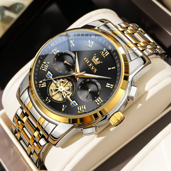 Olevs 2859 Black Stainless Steel Chronograph Wrist Watch For Men-  Black & Gold