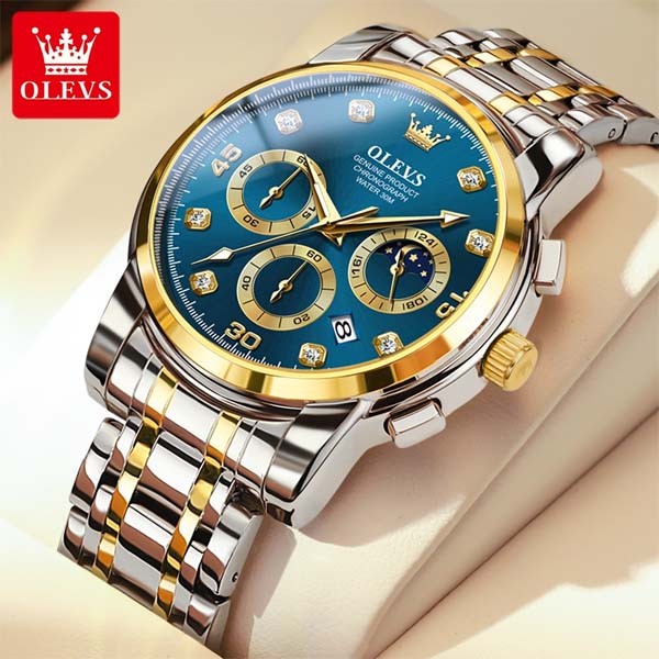 OLEVS 2889 Chronograph Stainless Steel Strap Watch For Men - Blue