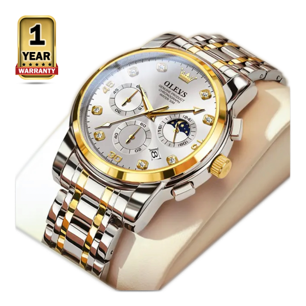 OLEVS 2889 Chronograph Stainless Steel Strap Watch For Men - Gold & White