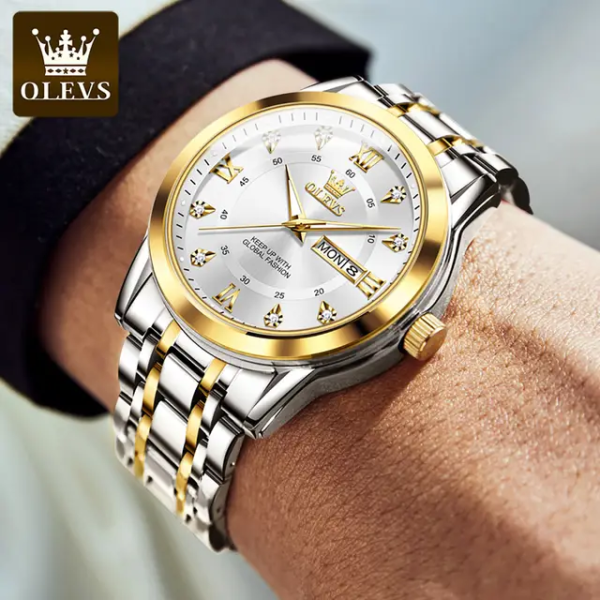 Olevs 5513 Luxury Premium Quality Stainless Steel Watch For Men - Gold & White