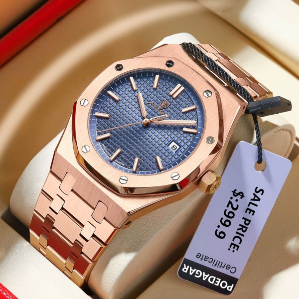 Poedagar 924 Stainless Steel Quartz Watch For Men - Rose Gold/Blue