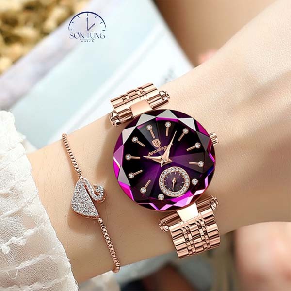 POEDAGAR 719 Luxury Fashion Diamond  Cart  Quartz Watch for Women -  Rose Gold & Purple