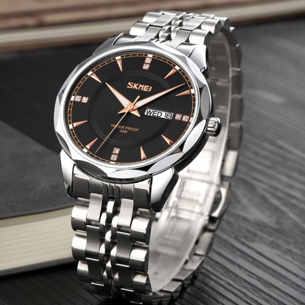SKMEI 9268 japan movement quartz Stainless Steel Wristwatch for Men's- Silver & Black