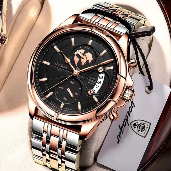 Poedagar 802 Men's Watch Stainless Steel Quartz Watch Men-Rose Gold/Black