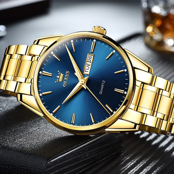 OLEVS 6898 Men's Water-Resistant Steel Strap Quartz Watch - Golden/ Blue