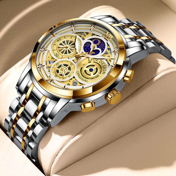 LIGE Fashion Stainless Steel Hollow Men Sports Chronograph Quartz Watch 8942