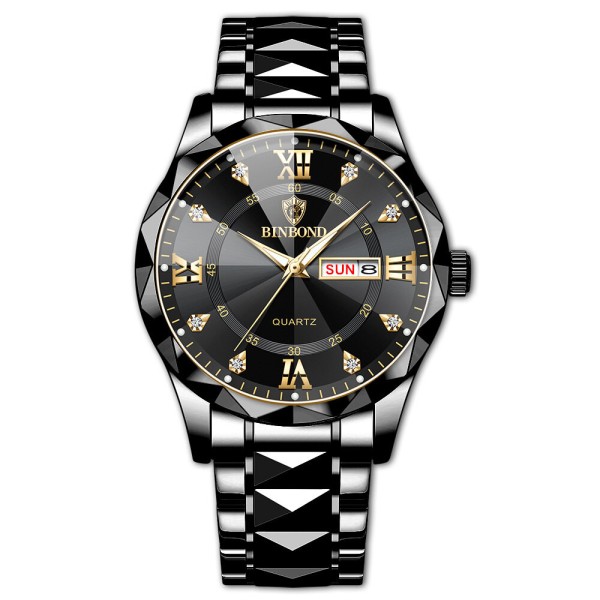 BINBOND 334 Luxury Fashion Stainless Steel Unique Design Diamond Cutting Glass Wrist-Watche For Men- Black