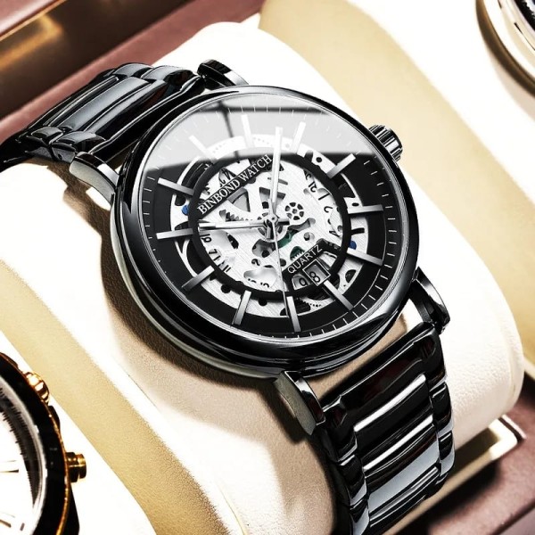 BINBOND 7872 Luxury Stainless Steel Quartz   Men Watch -Black