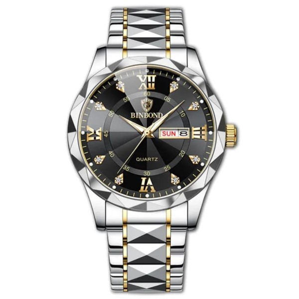 BINBOND 334 Luxury Fashion Stainless Steel Unique Design Diamond Cutting Glass Wrist-Watche For Men- Silver & Black