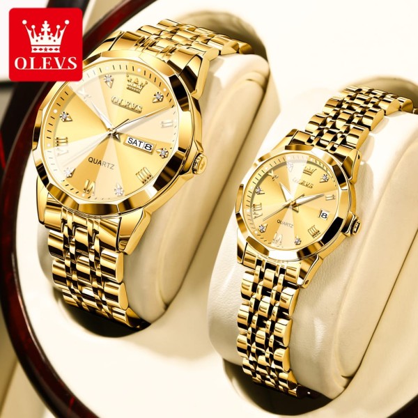 Olevs 9931 Couple Luxury Diamond Dial Stainless Steel Watch For-Gold