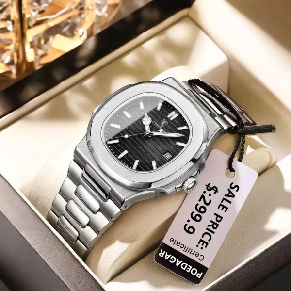 POEDAGAR 613 Luxury  Stainless Steel Square Quartz Men's Watch-  Silver & Black