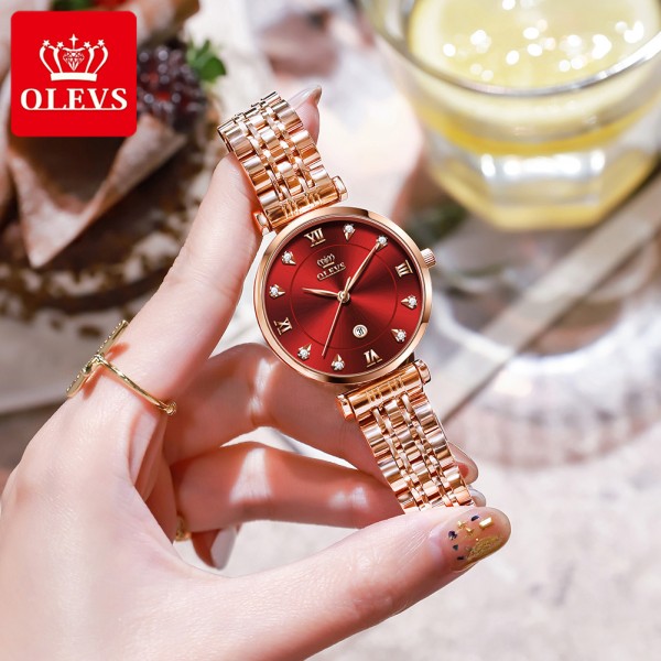 Olevs 5866 fashion stainless steel analog wristwatch women for-Red