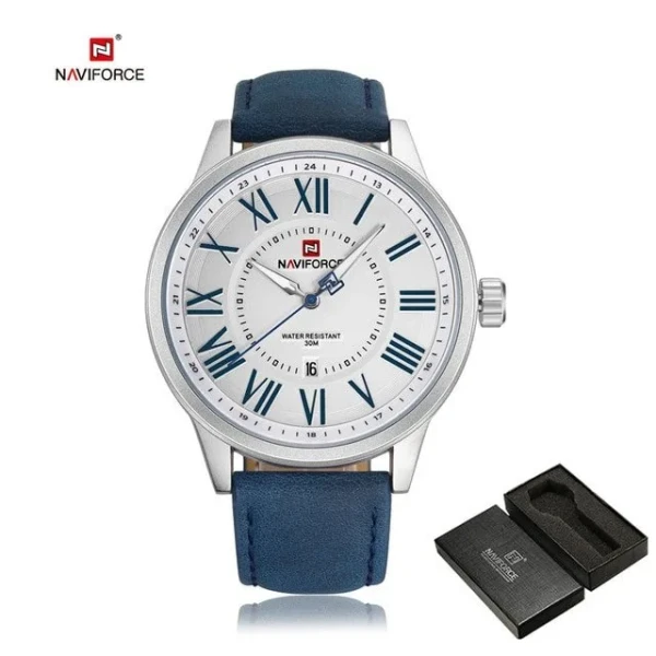 Naviforce NF9126 Leather Strap Analog Mens Watch - Blue & White