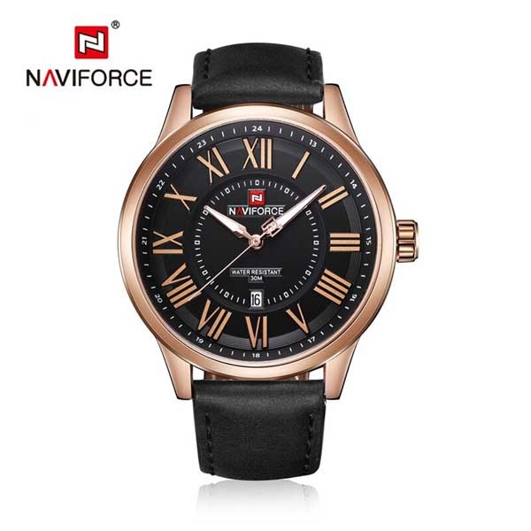 Naviforce NF9126 Leather Strap Analog Mens Watch -  Black and Rose Gold