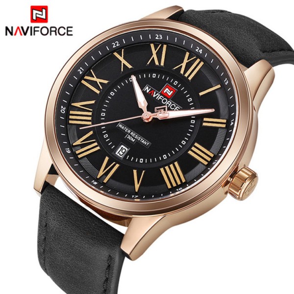 Naviforce NF9126 Leather Strap Analog Mens Watch -  Black and Rose Gold