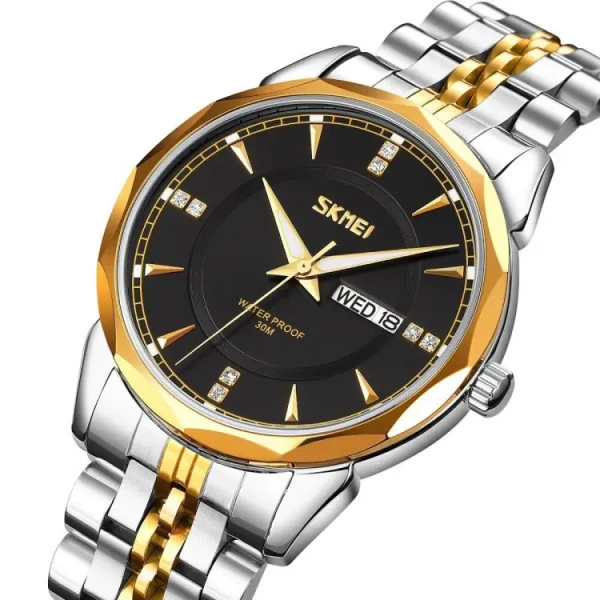 SKMEI 9268 japan movement quartz Stainless Steel Wristwatch for Men's- Silver Gold & Black