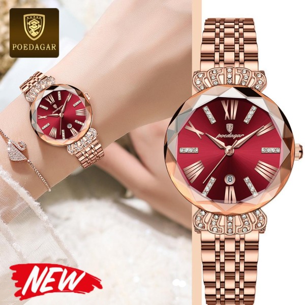 Poedagar 766  Stainless steel Quartz Movement Wrist Watch For Woman-Red