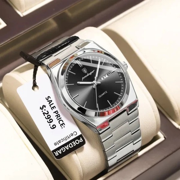 POEDAGAR 930 Luxury Stainless Steel Quartz Men's Watch- Silver & Black
