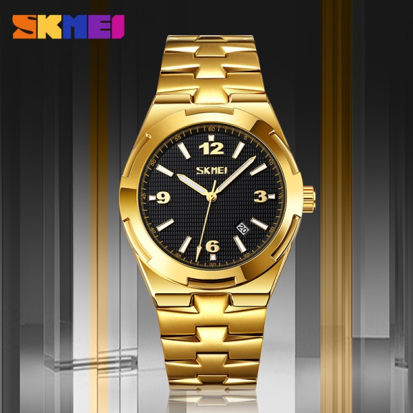 SKMEI 9290 Stainless Steel Mens Casual Watch - Golden & Black