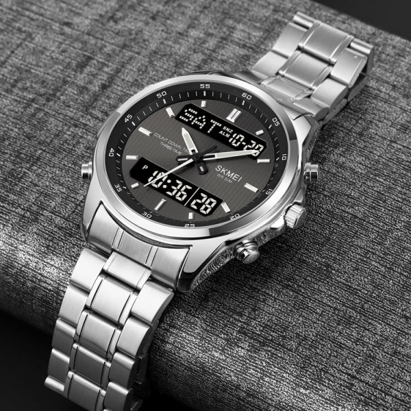 SKMEI 2049 Dual Display Electronic Multifunctional Men Watch - Silver
