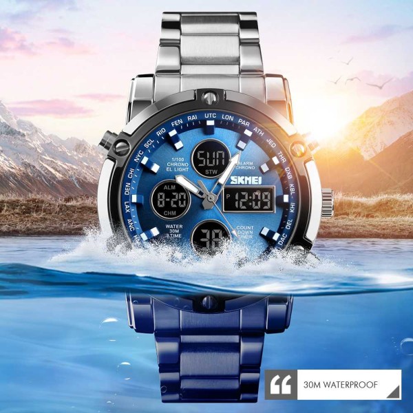 Skmei 1389 Stainless Steel Digital Men's Watch  - Silver & Blue