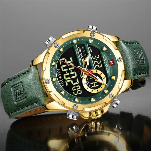 NAVIFORCE NF9208 PU Leather Dual Time Wrist Watch - Green & Gold